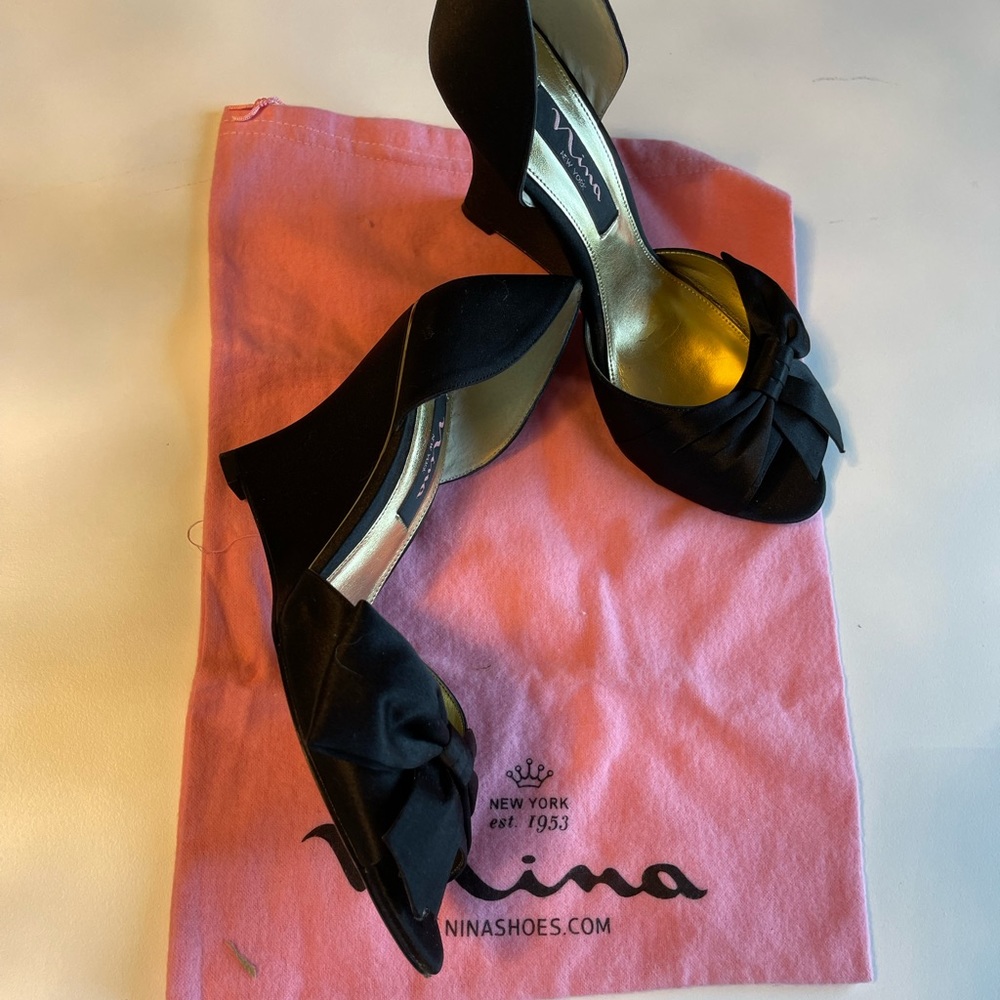 Nina Black Satin Wedge Peep-Toe Heels